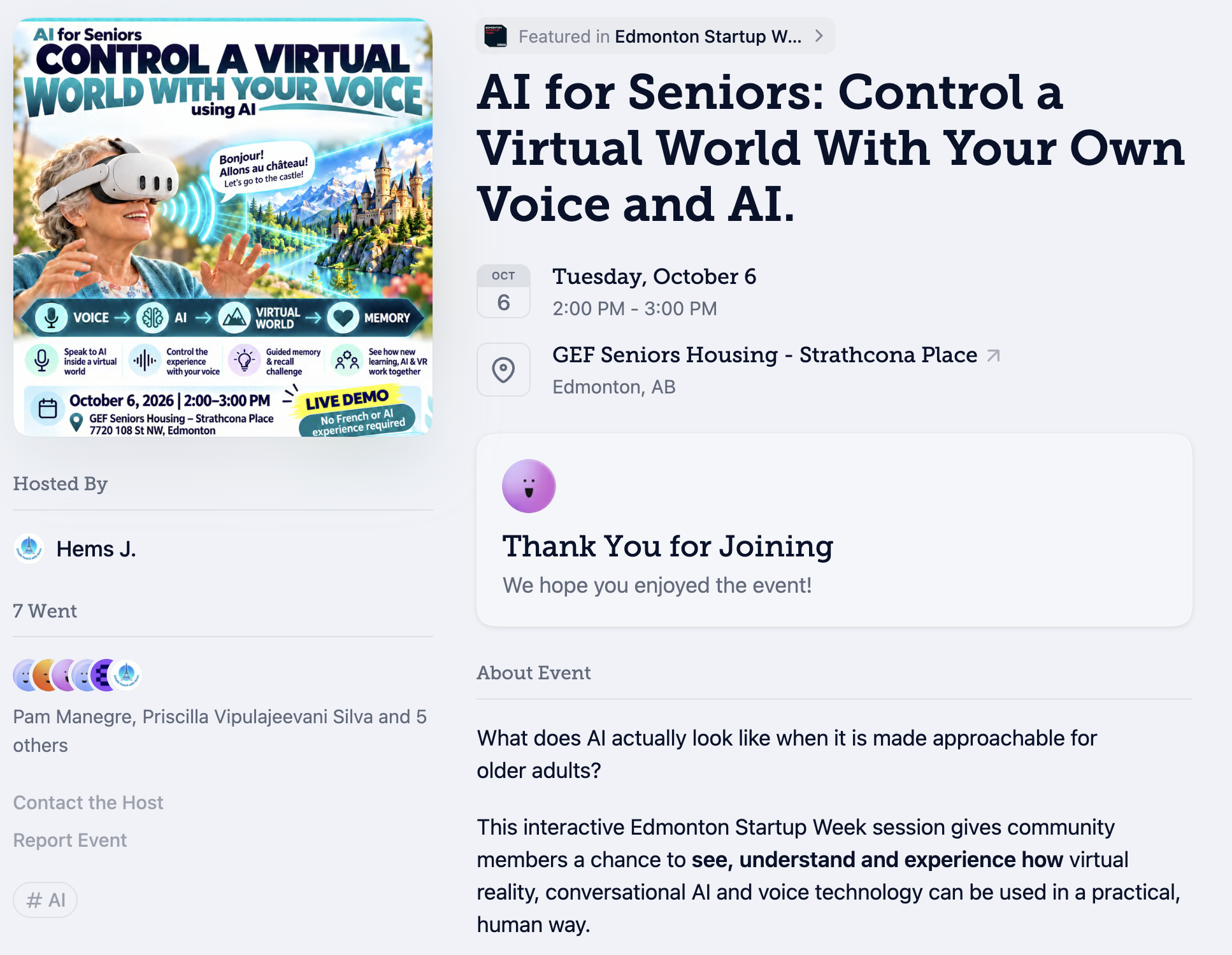 Public event page screenshot documenting an IMMP senior AI and VR event